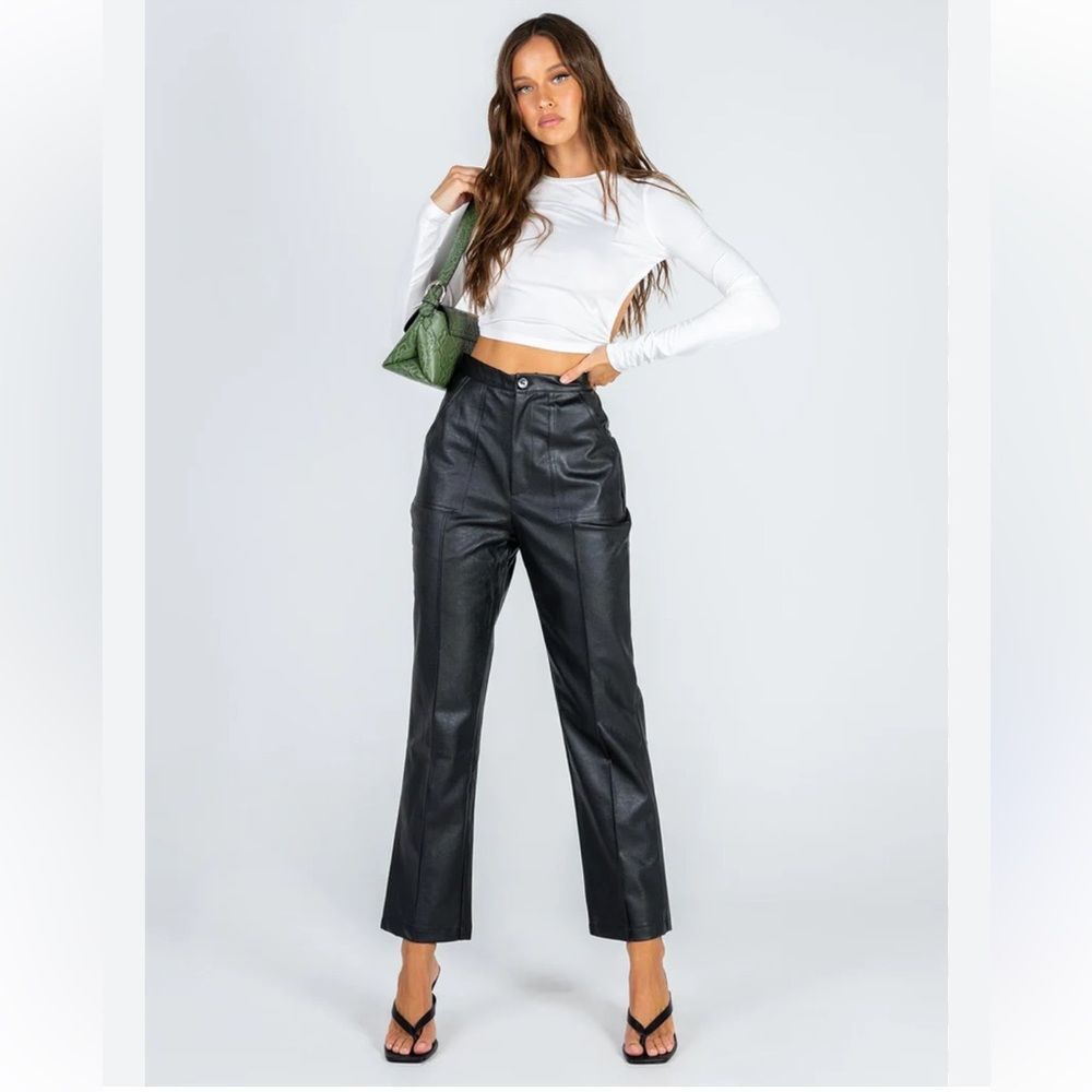 Princess Polly Encore Black Vegan Leather Straight Leg Pleated Pants Size 12